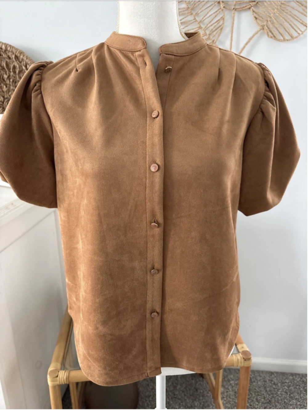 Women's Industry Tan Faux Suede Puff Sleeve Blouse Size S